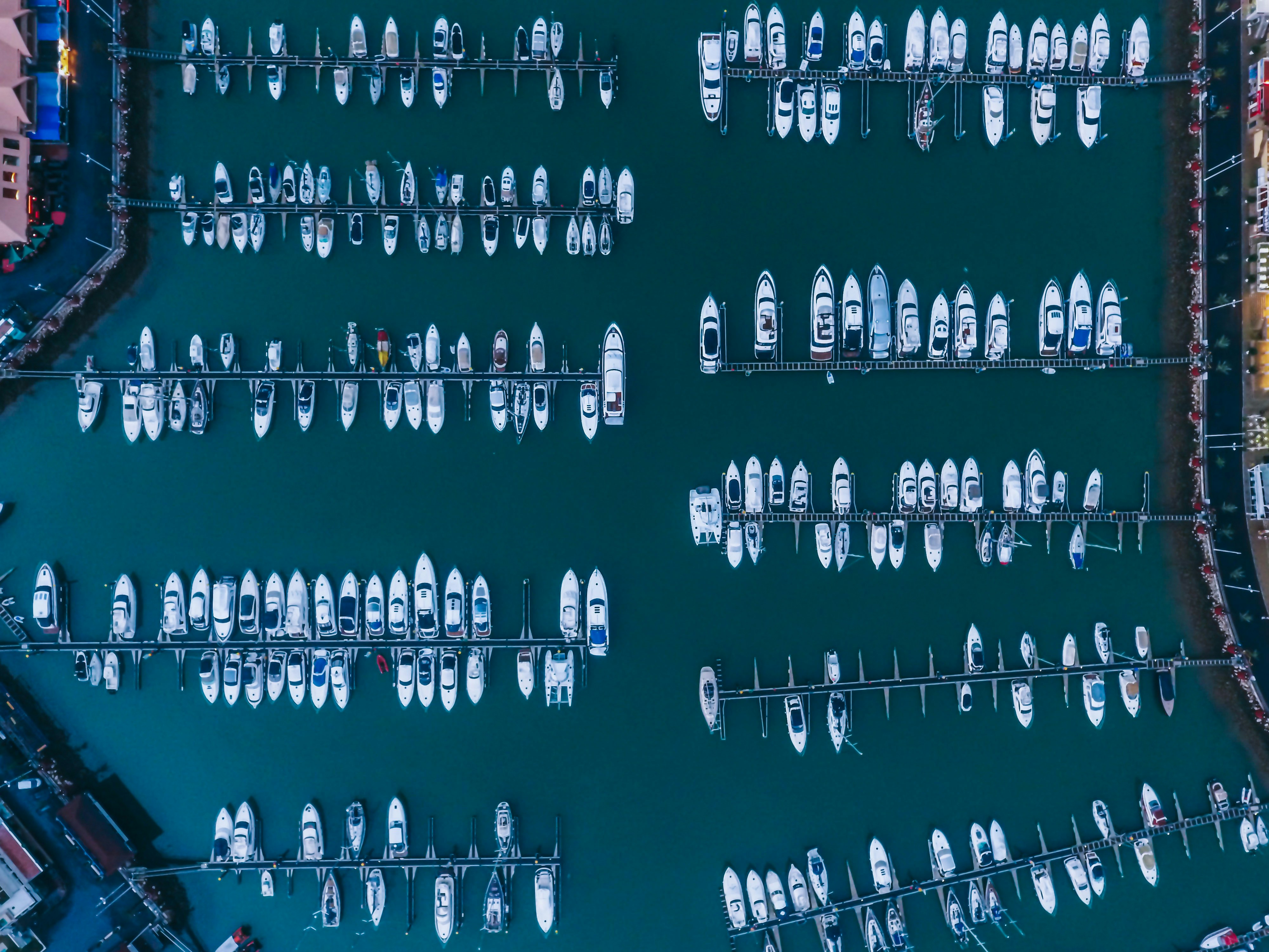 Aerial view of a marina with boats in their slips
